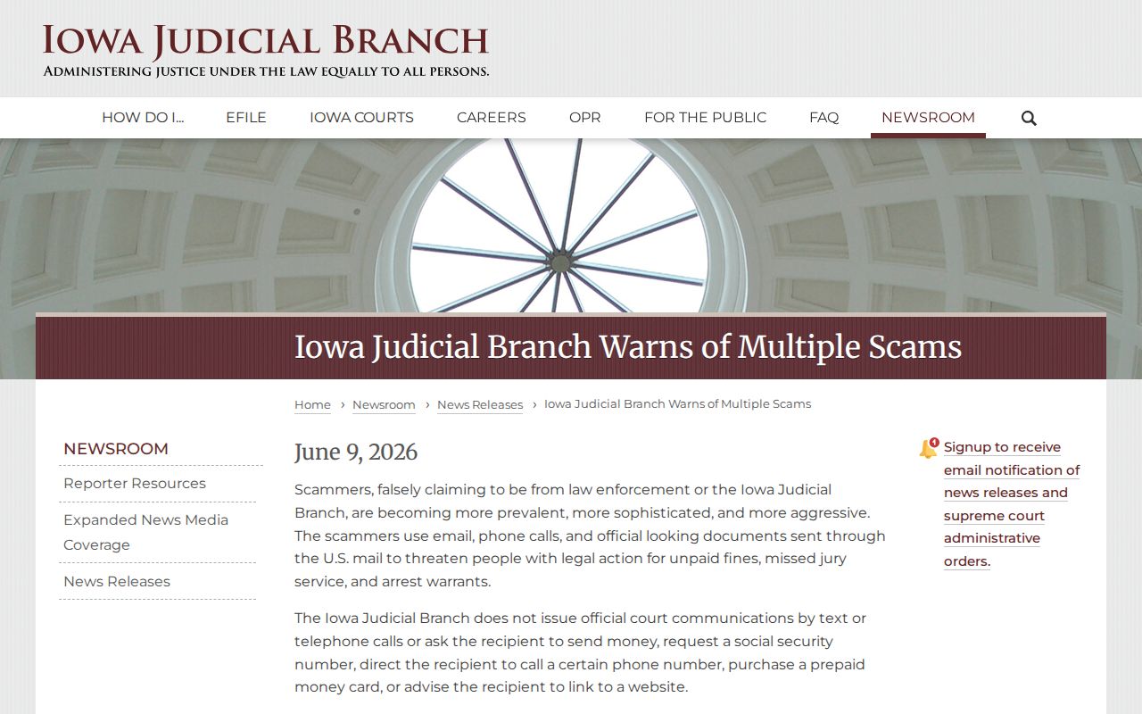 Carroll County arrest warrant verification and June 2026 Iowa court scam notice