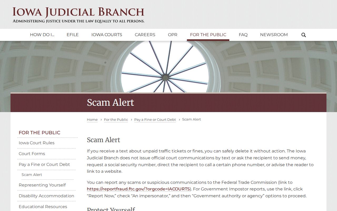 Carroll County arrest warrant payment scam warning from Iowa courts