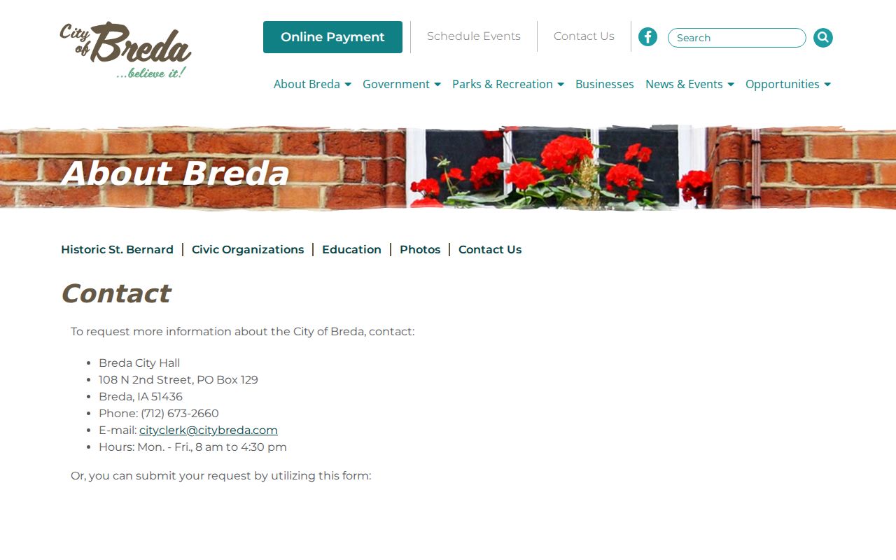 City of Breda contact page showing the City Hall address and public contact details