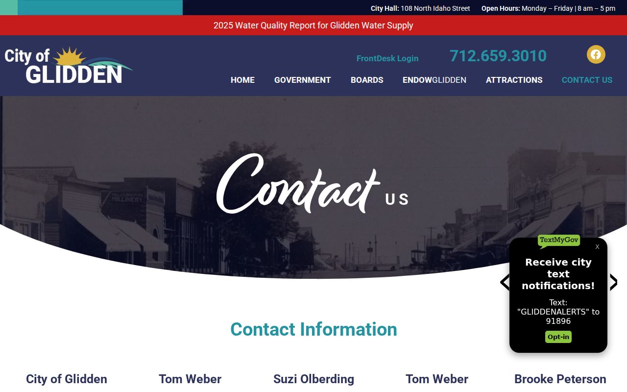 City of Glidden contact page showing City Hall location and office hours